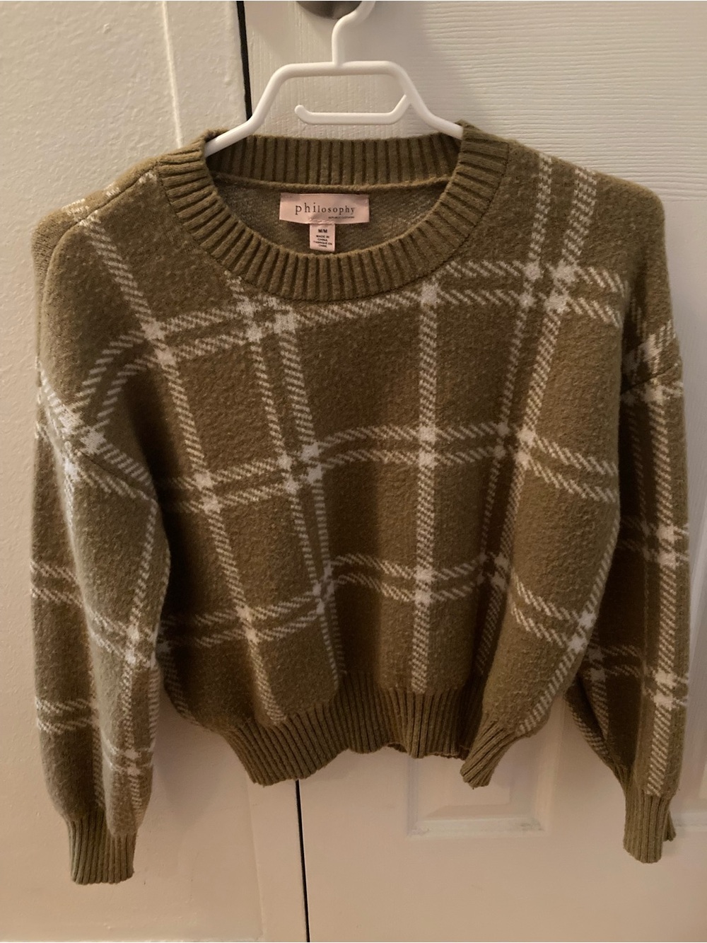 Philosophy Olive Green & White Plaid Crewneck Sweater